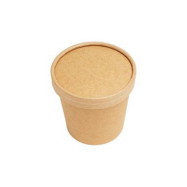 Beyaz arka planda izole edilmiş çorba için kapağı olan büyük kahverengi kağıt bardak.