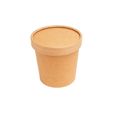 Beyaz arka planda izole edilmiş çorba için kapağı olan büyük kahverengi kağıt bardak.