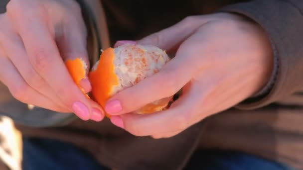 Close Mujeres Manos Pela Mandarina Parque — Vídeos de Stock