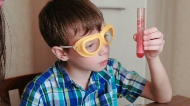 Experimentos de química en casa. Niño explica a su madre la reacción química, sosteniendo un tubo de ensayo en la mano . — Vídeo de stock