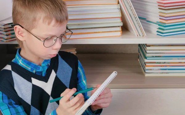Επτά-έτος-παλαιό αγόρι με γυαλιά τραβάει κάτι για ένα sketchbook συνεδρίαση μεταξύ των βιβλίων. — Φωτογραφία Αρχείου