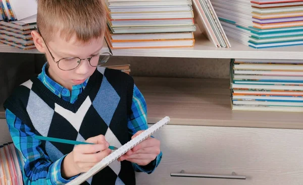 Hét-év-régi fiú gondolkodás szemüveg, és felhívja a vázlatfüzet a könyvek között ül valami. — Stock Fotó