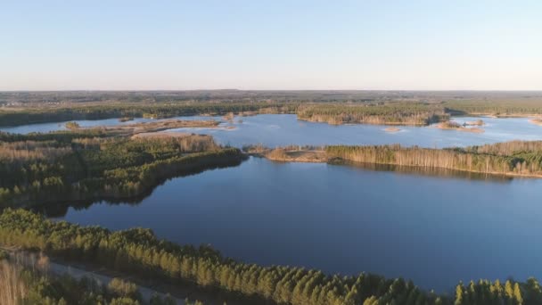 Bela paisagem com floresta e lagoa ao pôr do sol. Vídeo aéreo . — Vídeo de Stock