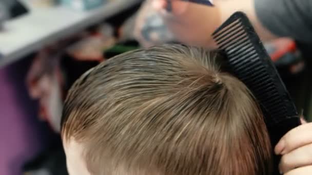 Barberare händer kammar och skärande blont kort pojkar hår med sax. Bakifrån. — Stockvideo