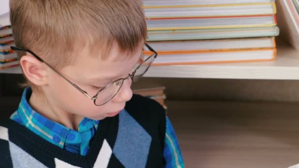 Niño de siete años con gafas dibuja algo en un cuaderno de bocetos sentado entre los libros. Cara de primer plano . — Vídeo de stock