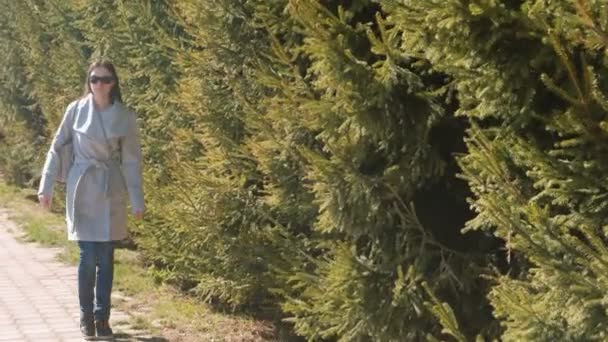 Giovane Donna Bruna Occhiali Sole Passeggiate Cappotto Nel Parco Cittadino — Video Stock