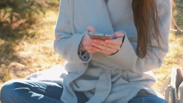 Joven mujer morena hermosa se sienta en la hierba en el parque de primavera y escribe un mensaje en el teléfono móvil. Primer plano de las manos . — Vídeo de stock