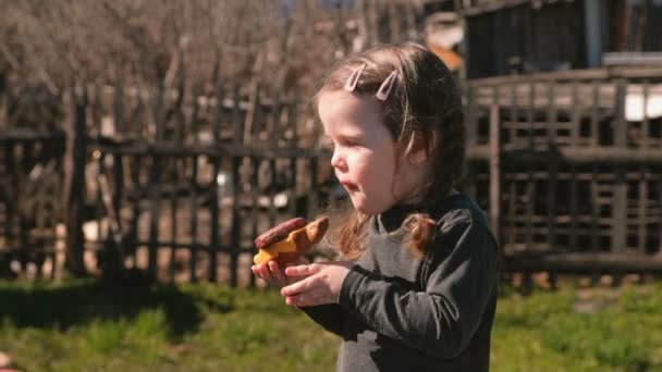Junges süßes kleines Mädchen isst ein Sandwich mit Schnitzel und Käse. — Stockvideo