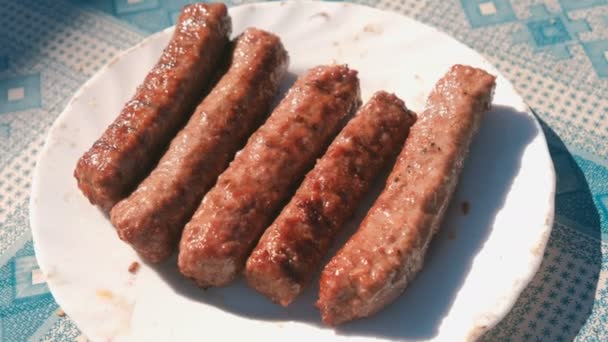 Hot sausages on a white plate, grilled. — Stock Video