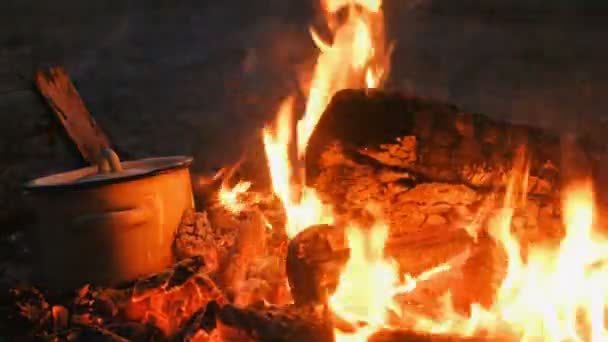 La comida se cocina en la hoguera en una olla. Vista lateral de primer plano . — Vídeo de stock