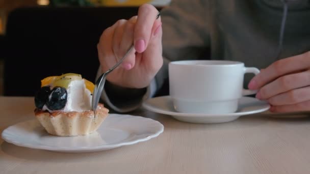 Αγνώριστη γυναίκα τρώει μια τούρτα με ένα κουτάλι. Κοντινό πλάνο. — Αρχείο Βίντεο