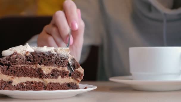 Unrecognizable woman eats a piece of cake with a spoon. Close up. — Stock Video