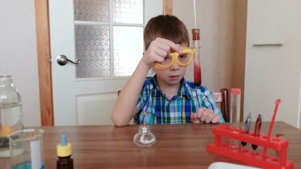 Experimentos de química en casa. Boy examina el contenido del tubo de ensayo . — Vídeo de stock