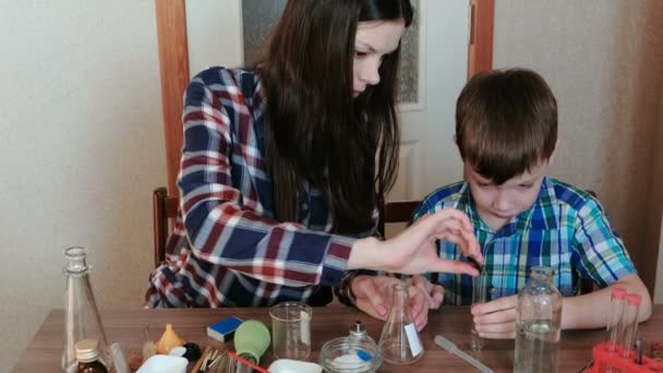 Expériences de chimie à la maison. Maman et son fils font une expérience avec de la peinture rouge et de l'eau . — Video