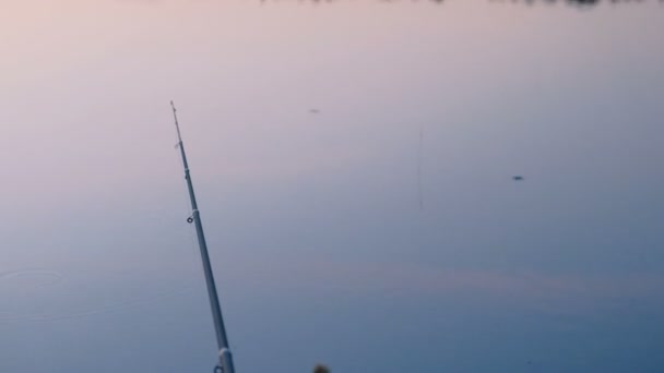 Pesca al atardecer. Caña de pescar sobre el estanque . — Vídeos de Stock