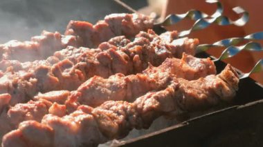 İştah açıcı sulu domuz Barbekü üstünde tepe-in kömür ızgara şiş üzerinde kavrulmuş. Yakın çekim et parçaları.