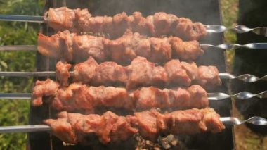 İştah açıcı sulu domuz Barbekü üstünde tepe-in kömür ızgara şiş üzerinde kavrulmuş. Yakın çekim et parçaları.