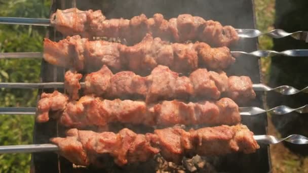 Der appetitlich saftige Schweinebraten wird am Spieß auf dem Holzkohlegrill gebraten. Nahaufnahme von Fleischstücken. — Stockvideo