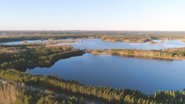 Güzel manzara orman ve günbatımı gölette. Havadan fotoğraf.