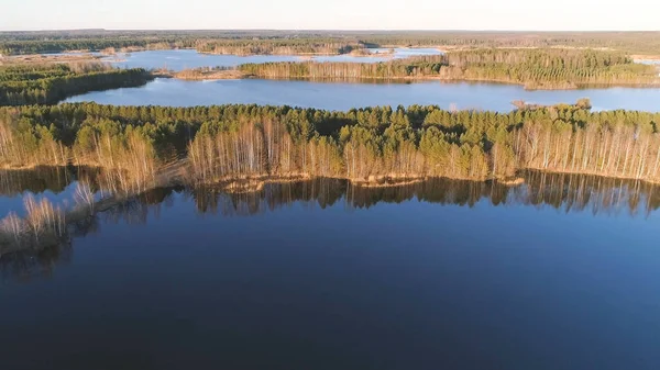 Güzel manzara orman ve günbatımı gölette. Güzel güneş ışığı. Havadan görünümü fotoğraf.
