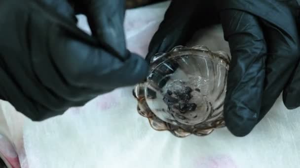 Косметологи руками в рукавичках змішують фарбу в миску з пензлем . — стокове відео