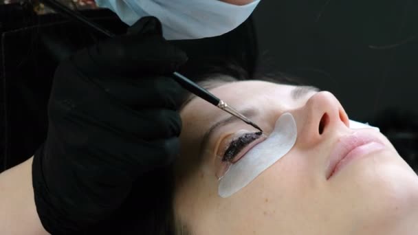 Schönheitsbehandlung. Kosmetikerin streicht schwarze Farbe auf die Wimpern. Wimpern kaschieren. Nahaufnahme Gesicht Seitenansicht. — Stockvideo