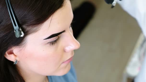 Correction des sourcils. Cosmetologue met de la peinture sur les sourcils des clients avec un pinceau. Vue latérale . — Video