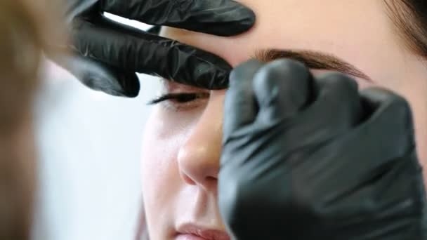 Esteticista frota con un hisopo de algodón las cejas de las mujeres. Corrección de cejas. Vista frontal de primer plano . — Vídeos de Stock