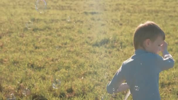 Хлопчик робить мильні бульбашки на лузі і грає в теплий весняний день . — стокове відео