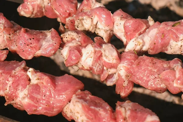 Ψησταριά μπάρμπεκιου χοιρινό για σουβλάκια πάνω από κάρβουνο. Κρέας σουβλάκι. — Φωτογραφία Αρχείου