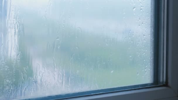 Gotas Lluvia Fluyen Por Ventana Cerca — Vídeos de Stock