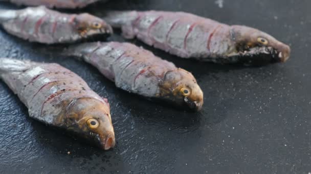 Carp in spices on a black table close-up. — Stock Video