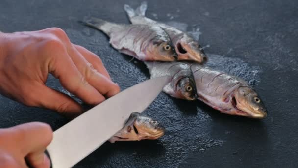 El hombre hace cortes en el pez carpa en la mesa negra. Cocinar pescado. Mano de primer plano . — Vídeos de Stock