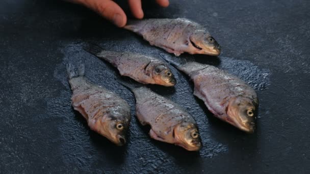 El hombre espolvorea sal y pimienta sobre una carpa recién cepillada sobre una mesa negra. Cocinar pescado. Primer plano de la mano . — Vídeos de Stock