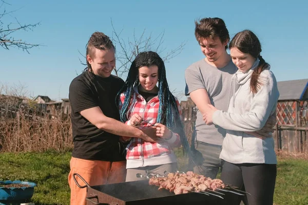 Grup Genç insanlar arkadaşlar Barbekü şaşlık et arka bahçesinde üzerinde kömür ızgara üzerine. Konuşmak ve birlikte gülümseyen.