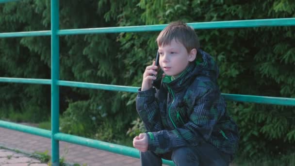 Мальчик звонит по телефону и разговаривает сидя в парке . — стоковое видео
