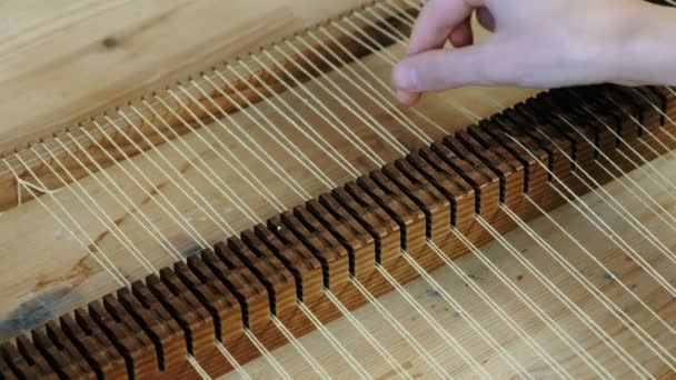 Weaving on a loom frame. Closeup womans hands preparing loom frame to weaving. Corrects threads on the machine. — Stock Video