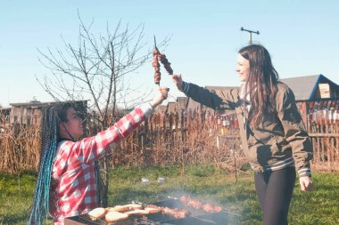 İki kadın arkadaş üstünde tepe-in arka bahçesinde üzerinde kömür ızgara Kebab et pişirmek. Konuşmak ve birlikte gülümseyen, hafta sonu dinlen.