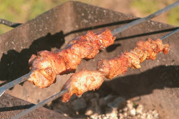 食欲をそそるジューシーなポーク バーベキューの炭火の上に串で焼いたです。肉の部分をクローズ アップ. — ストック写真