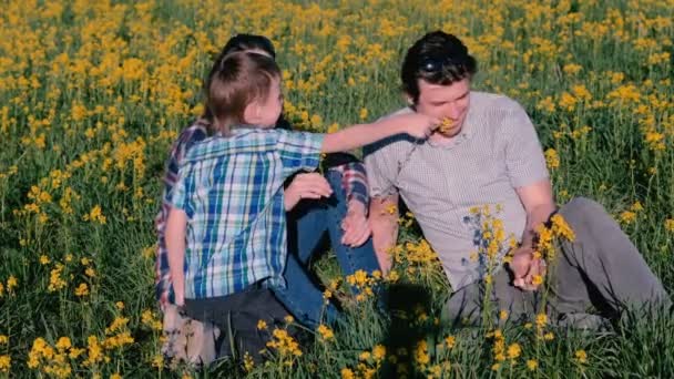 Madre, padre e hijo juegan con flores amarillas sentadas en la hierba. Caminata familiar . — Vídeos de Stock