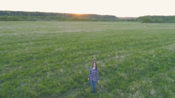 Frau geht bei Sonnenuntergang auf das Feld. — Stockvideo