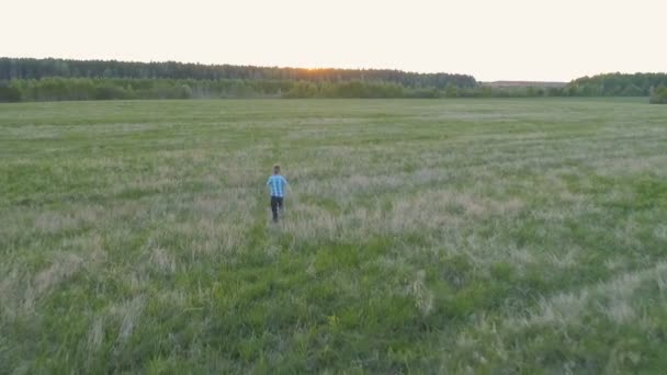 O rapaz está a correr pelo campo ao pôr-do-sol. Visão traseira . — Vídeo de Stock