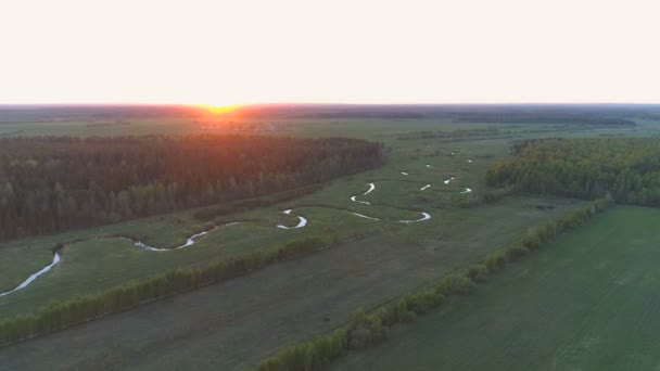 Flygfoto på fältet, floden och skogen tidigt på våren. — Stockvideo