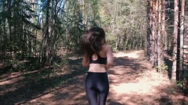 Vrouw in sportkleding is Jogging in het Park. Achteraanzicht. Slow motion. — Stockvideo
