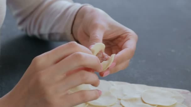 Vrouw maakt dumplings met gehakt vlees, close-up handen. — Stockvideo