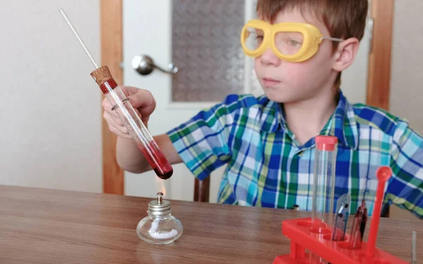 Experimentos de química en casa. Chico calienta el tubo de ensayo con líquido rojo en la lámpara de alcohol ardiente. El líquido hierve . —  Fotos de Stock