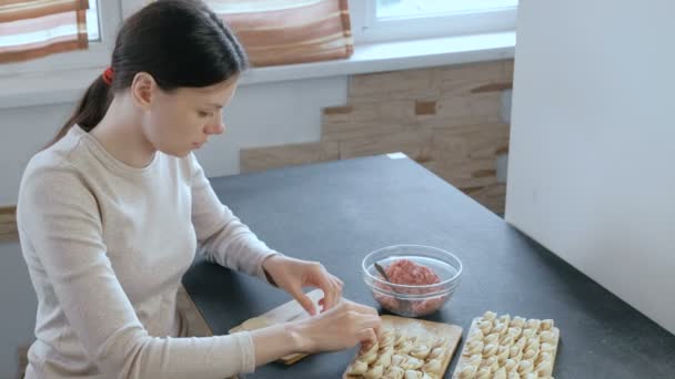 Vrouw maakt dumplings met gehakt vlees. Zijaanzicht. — Stockvideo