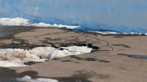 L'homme tombe dans une flaque de neige dans l'asphalte avec son pied. Gros plan jambes . — Video