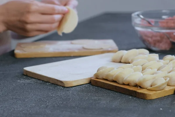 女人用肉做饺子, 特写手. — 图库照片