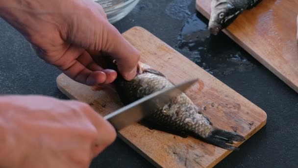 El hombre limpia la carpa de las escamas en el tablero de madera. De cerca las manos. Cocinar un pescado — Vídeo de stock